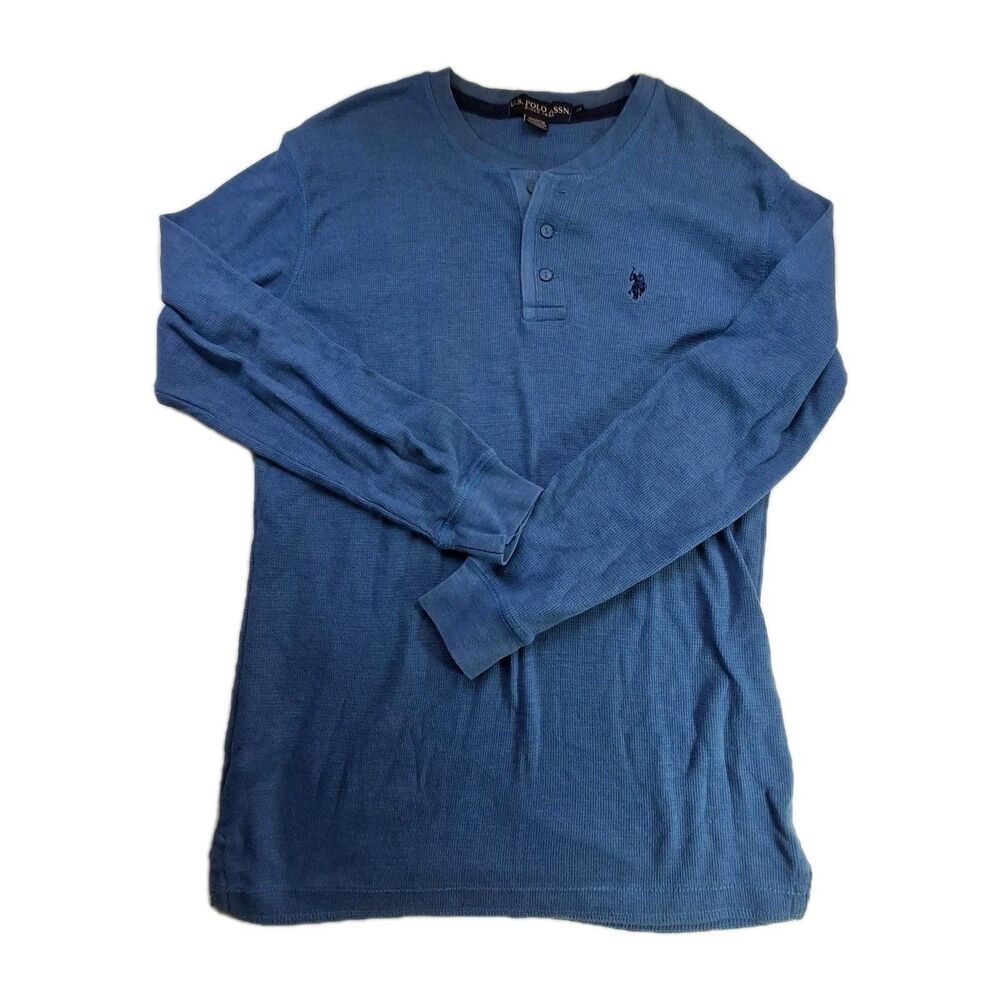 US Polo Assn Thermal Shirt Men M Blue Waffle Knit Long Sleeve Casual Layering